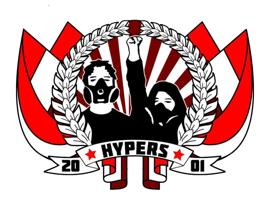 Logo der Fangruppe Hypers 2001 - rot-weisse Fahnen umrahmen einen Lorbeerkranz innerhalb dessen sich zwei Fans in schwarz-weiss mit erhobenen Händen befinden. Darunter eine Binde mit dem Schriftzug des Gruppennamens.