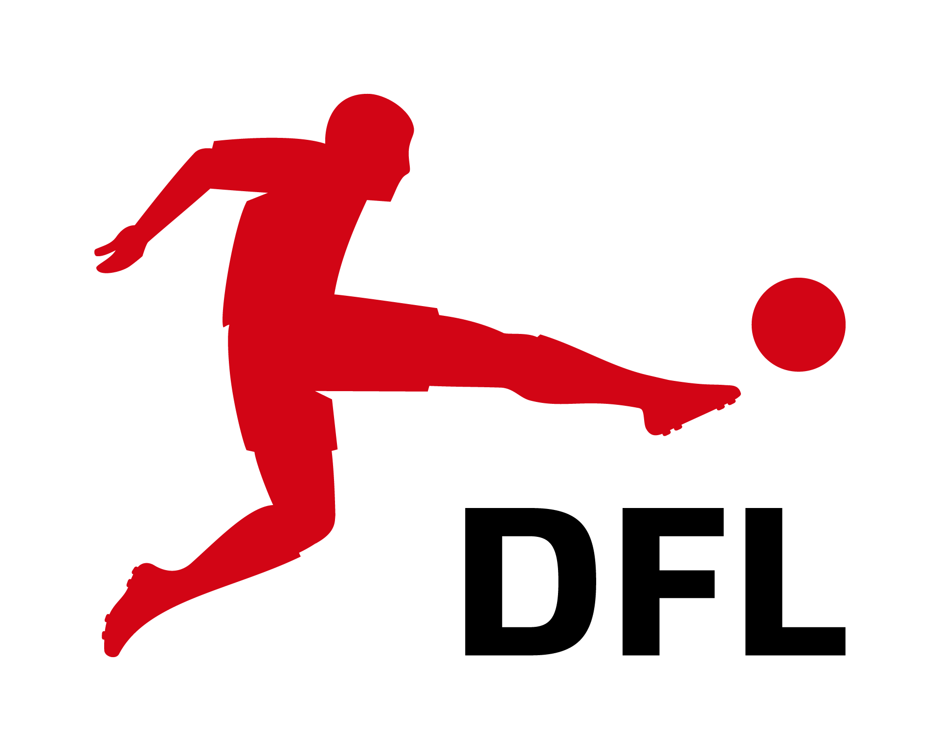 Logo of the German Football League(DFL) - red Silhouette of a football player kicking a ball. Underneath the stretched foot the name DFL