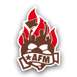 Logo of the Department of Supporting Members (AFM) at FC St Pauli - Silhouettes of four supporters with raised arms and a flag above a heart-shaped football. Underneath a name-tape with the   von vier Fans mit erhobenen Armen und Fahne über einem Fußball in Herzform in brown and white. Darunter eine Binde mit dem Schriftzug AFM - FC St Pauli Homegrown