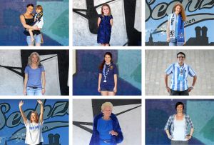 A frame with 9individual portrait pictures of female 1860 Munich fans in blue-white clothing 